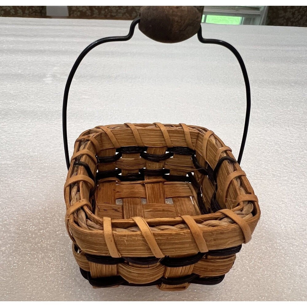 Miniature Woven Basket Wire Handle Wood Grip Signed Artisan Small Primitive Tier